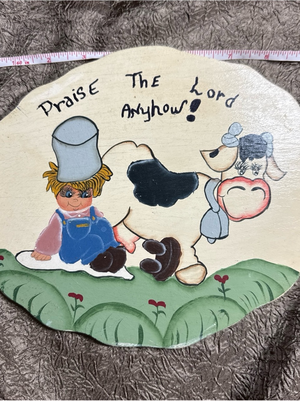 Hand-Painted Cow & Child Wall Plaque - Cream, Black, Green
